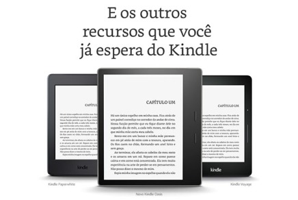 Os três principais modelos de Kindle em um recorte de anúncio da Amazon.